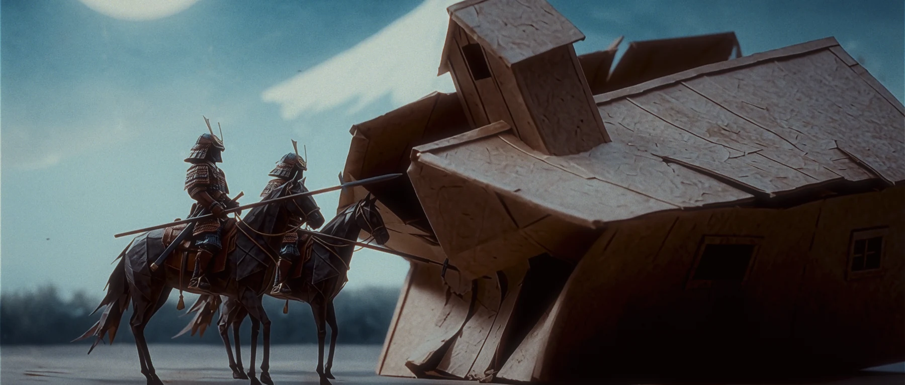 Mounted samurai beside a ruined chapel