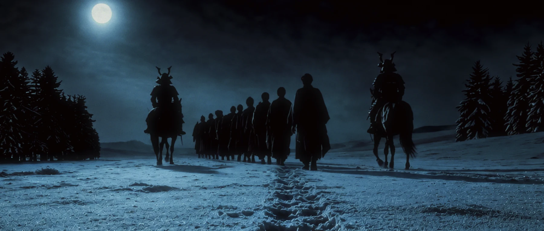 A guarded procession moving through snow by moonlight