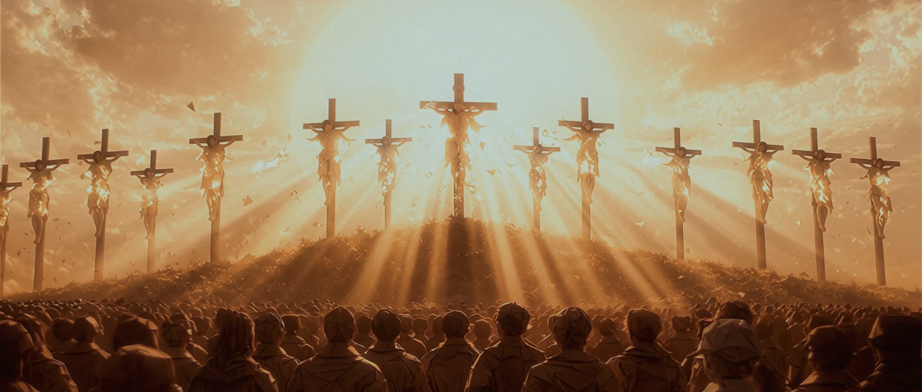 A hill of crosses beneath a radiant sky