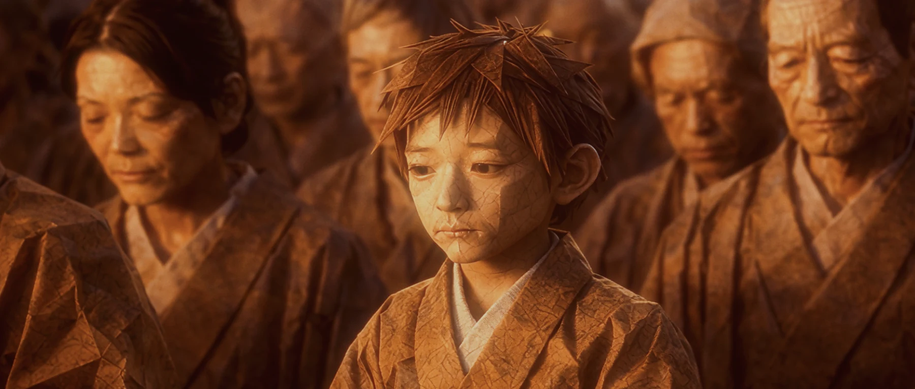 A solemn child standing among the gathered believers